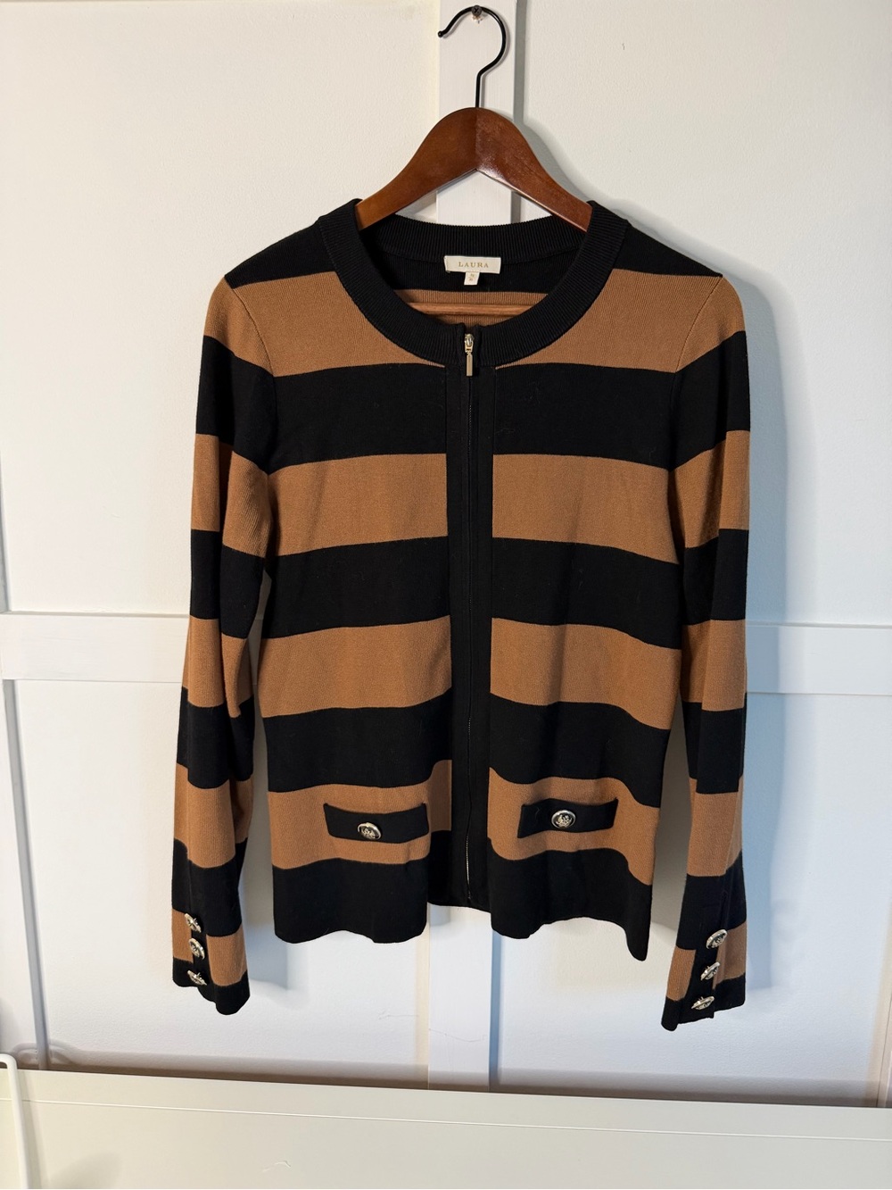 Striped Black & Camel Zip-Front Cardigan - Size 16